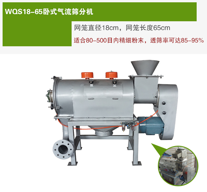 WQS18-65臥式氣流篩分機(jī)網(wǎng)籠直徑為18cm，網(wǎng)籠長(zhǎng)度為65cm